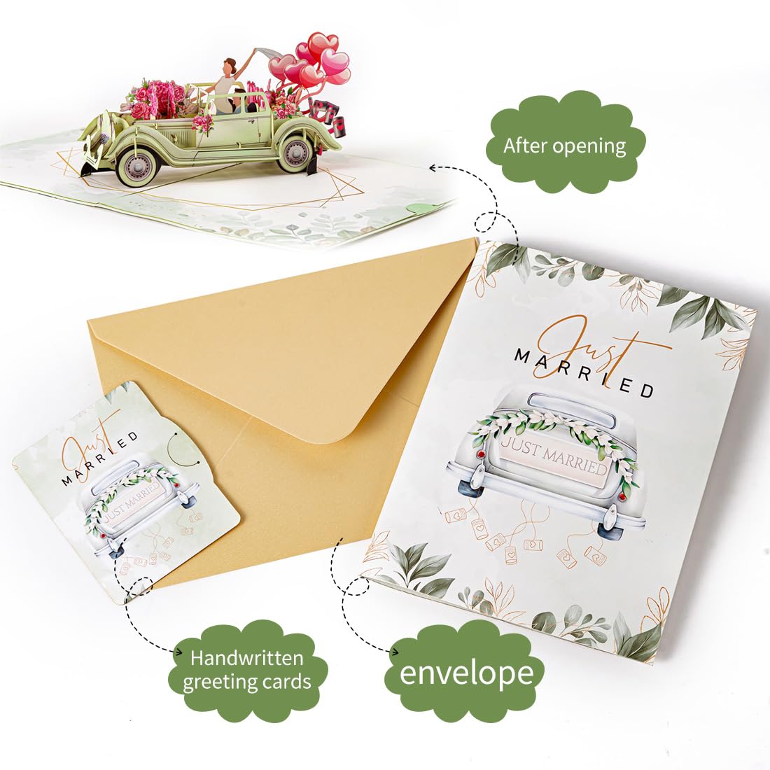 Biglietto Pop-Up 3D Auto Just Married per Matrimonio, Elegante Regalo Denaro per Nozze