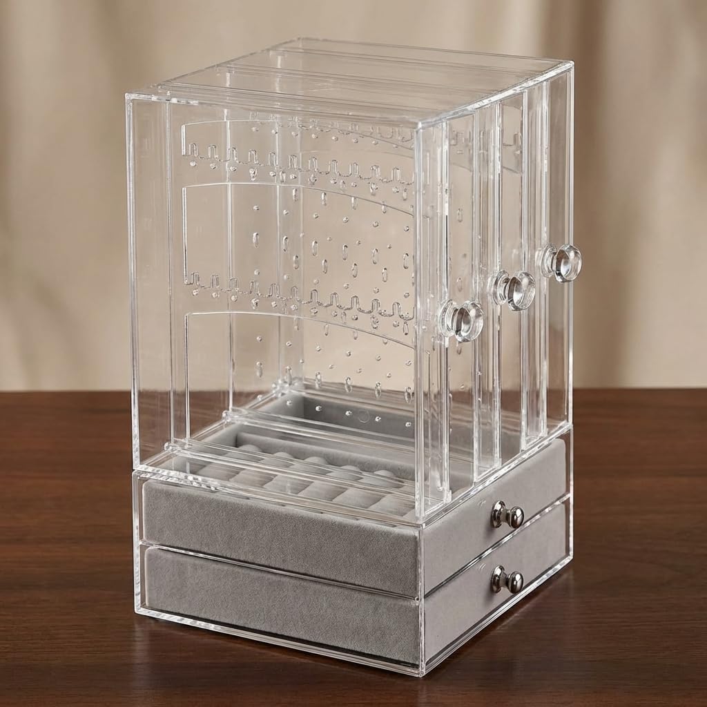 DOZZZ Acrylic Jewelry Organizer Box with 5 Drawers for Women, Clear Earring Holder Storage Display Stand Rack for Rings Necklace Bracelet