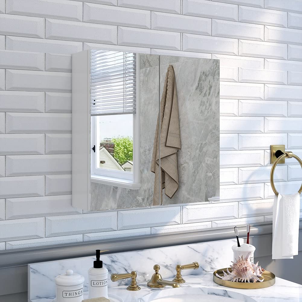 Meerveil - Lustrzana szafka toaletowa - lustro łazienkowe z 2 drzwiami pełne lustro 2 półki nowoczesne drewno, 45 x 13 x 45 cm białe