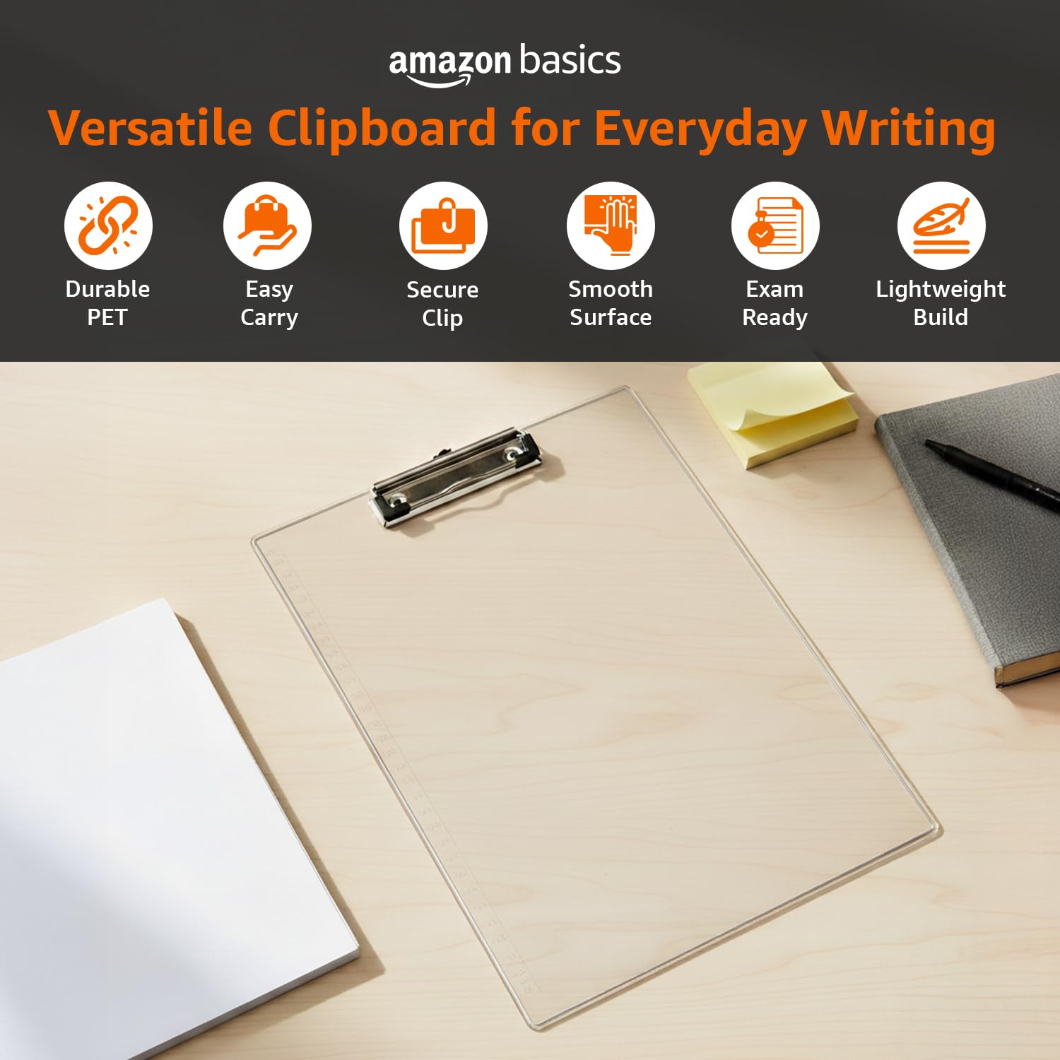 Amazon Basics Paper Clipboard Writing Pad Clipboards Drawing/Writing/Clipboard with Clip | Sturdy, Lightweight for Office, School, College (Transparent) 1