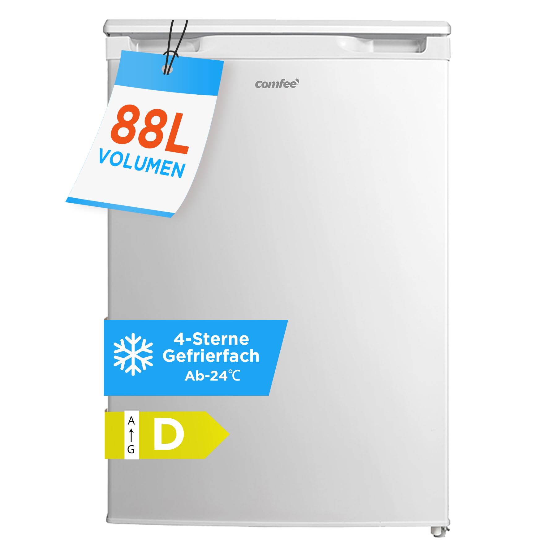 COMFEE RCU83WH3EU(E) 88L Gefrierschränke mit Inverter-Kompressor, D‑Energieeffizienz, -24°C 4-Sterne-Gefrieren, Leise 39 dB, Gefrierschrank klein 55 cm Breite, 3 Fächer für Küchen Büros-Weiß