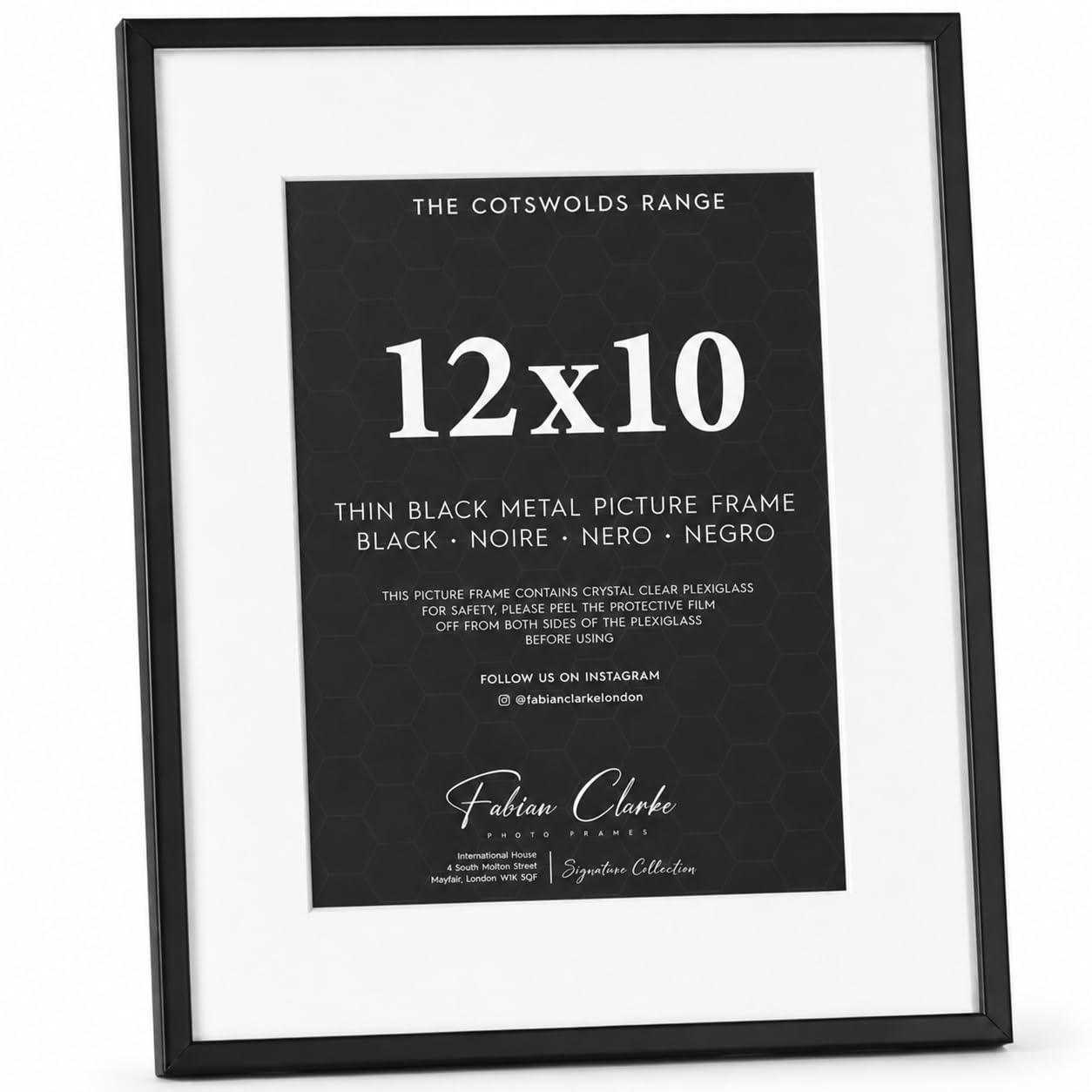 Fabian Clarke Cotswolds Thin Black Metal Picture Frame with White Mount, Shatterproof Plexiglass, Freestanding & Wall Mounted Photo Frame, Modern Picture Frame (12x10)