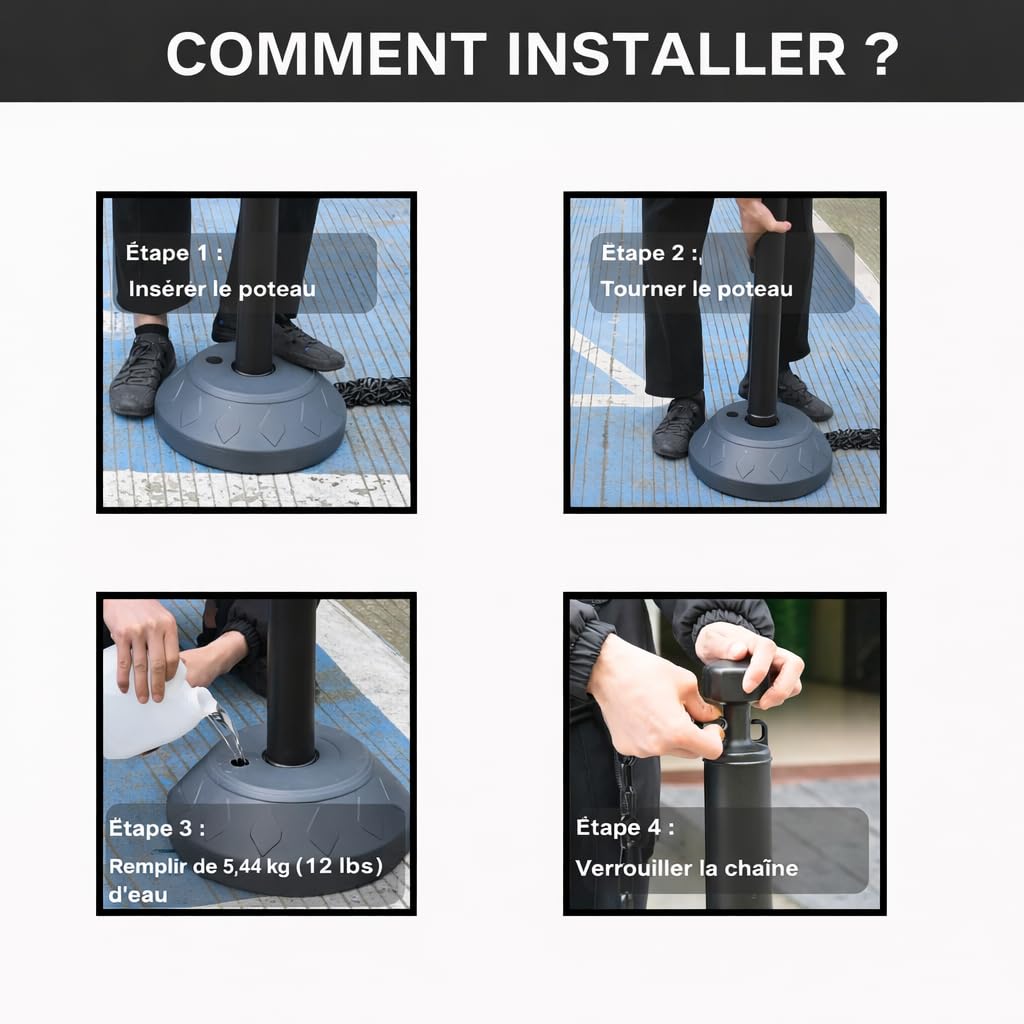 Lot de 6 Poteaux de Guidage 102 cm, Balises de Circulation avec Chaînes Plastiques et Base Remplissable d’Eau pour Parking, Gestion de Foule (Noir)