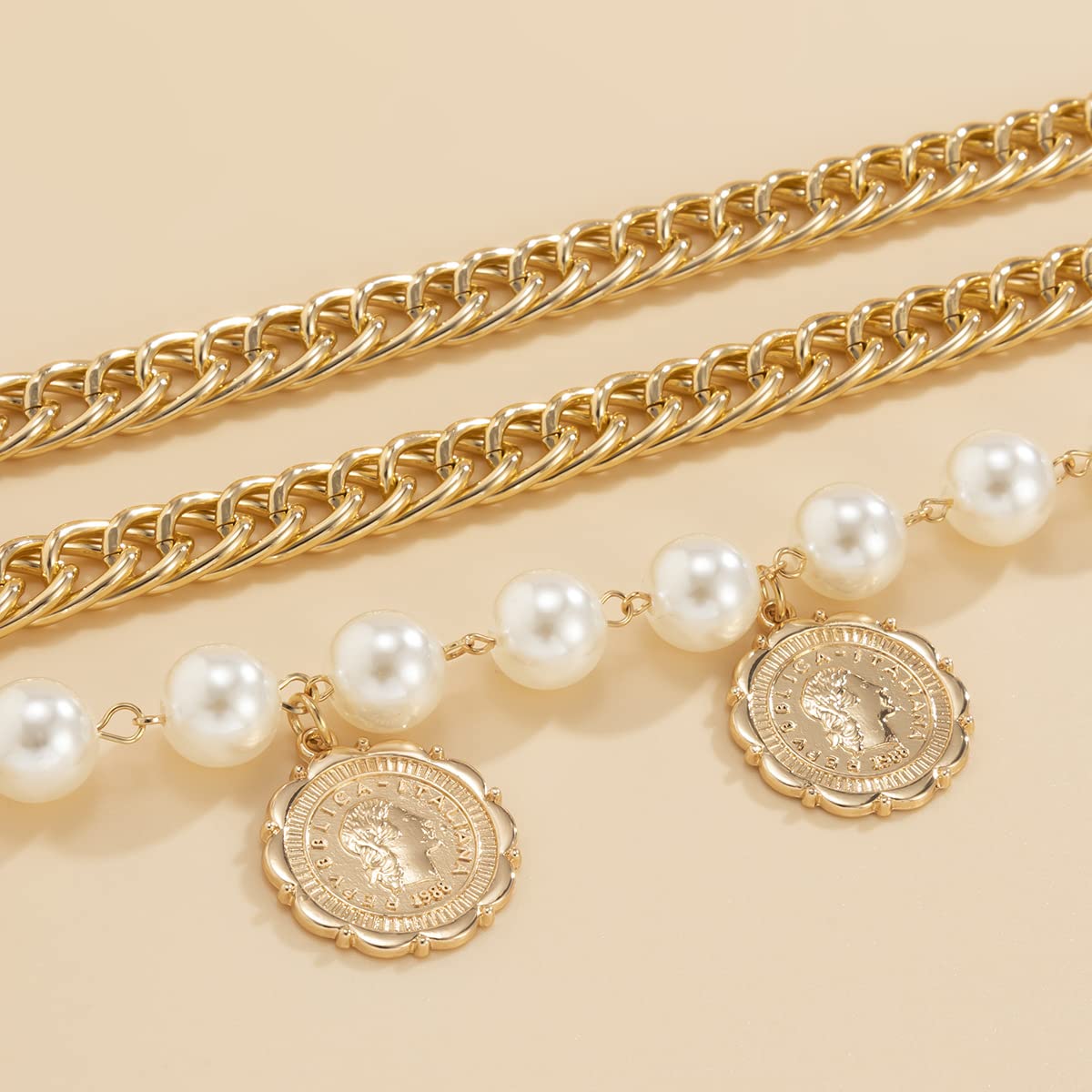 Vintage Y2K Faux Pearl Beaded Belt Gold Chain  Pearl Drop Charm fits small med Vintage Gold Link Chain Swag Belt with Faux Pearls, Circa  main image 3