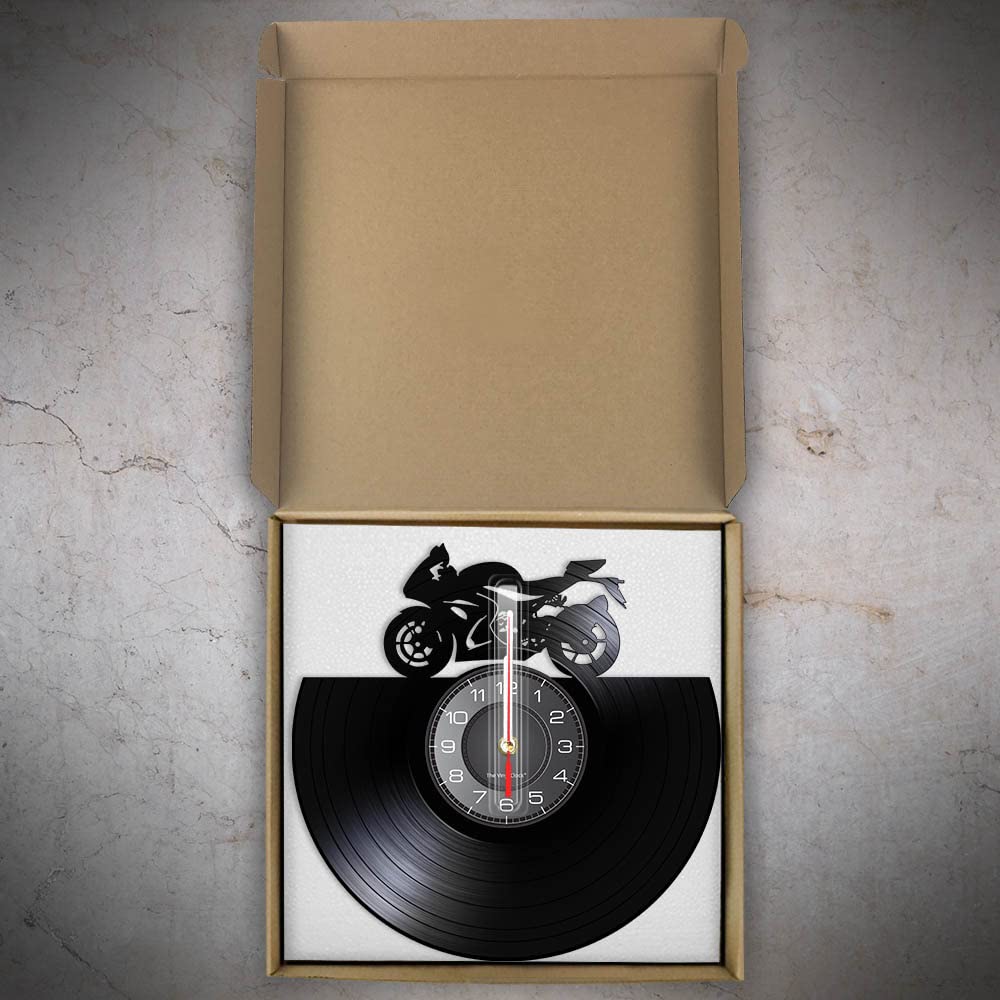 Orologio da parete in vinile, orologio analogico a forma di moto da corsa, con luce notturna a LED, decorazione da parete regalo.