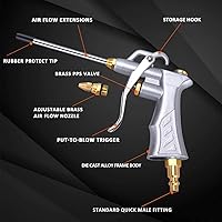 Vista 2 de Pistola de aire industrial con boquilla de flujo de aire ajustable de latón y 2 extensiones de flujo de aire de acero, compresor de aire neumático