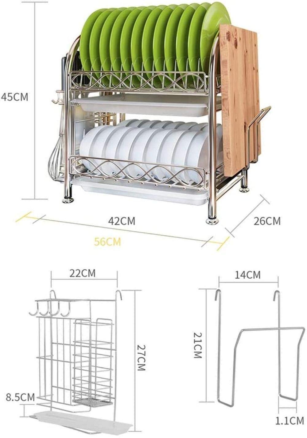 Dwupoziomowy stojak do suszenia naczyń ze stali nierdzewnej, kuchenny nizer oszczędzający miejsce, srebrny, 56 x 2, idealny do użytku domowego i restauracyjnego