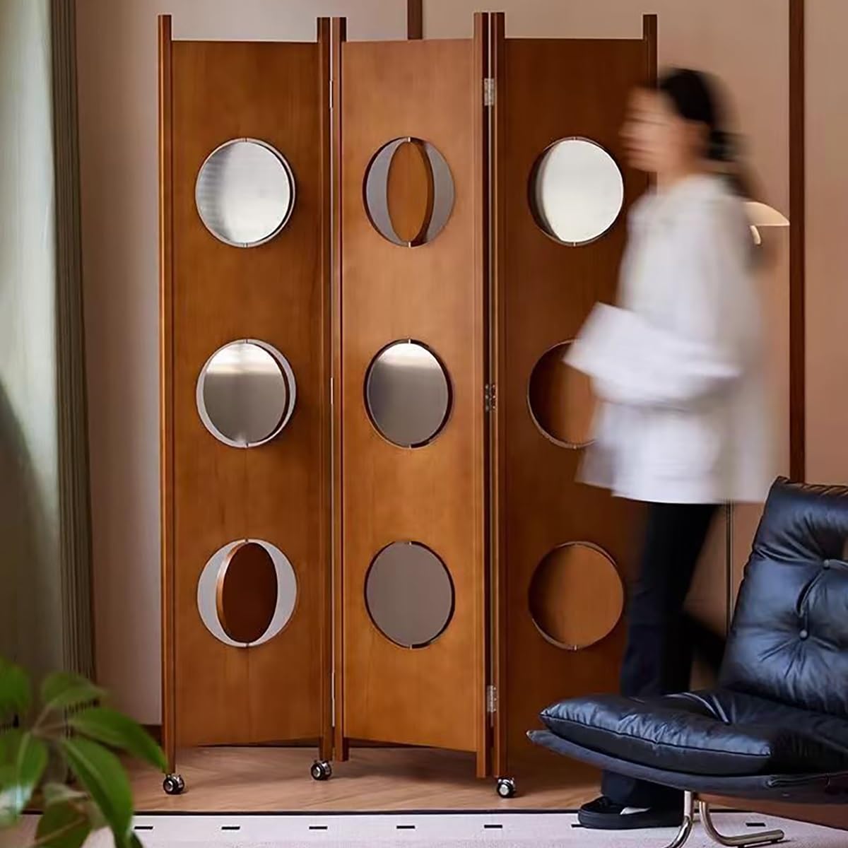 Biombo Madera 3 Paneles, Separador De Ambientes Plegable con Cortes Circulares, Room Divider Portátil con Ruedas para Dormitorio Oficina, Decoración Moderna(White)