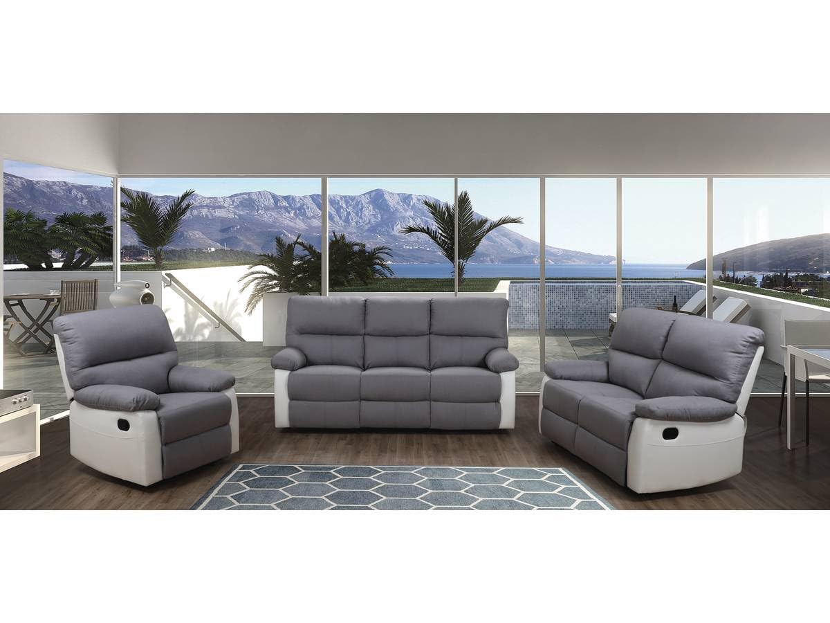 Habitat et Jardin - Canapé Relax en Simili et Tissu Lincoln 3 Places Blanc et Gris Clair - Fauteuil Relax Design Moderne - Canapé Inclinable Résistant et Confortable