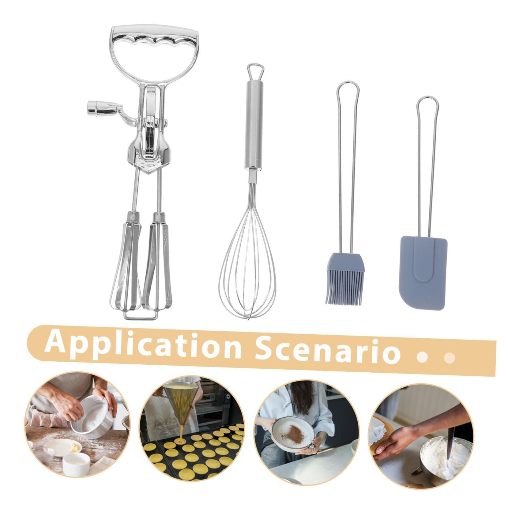 OUNONA 4 Stück Handlicher Manuelles Rotations-eierschläger-set mit Edelstahl-schneebesen Hitzebeständiger Silikonbürste und Spatel Vielseitiges Küchenwerkzeug für Backen Teigmischen und