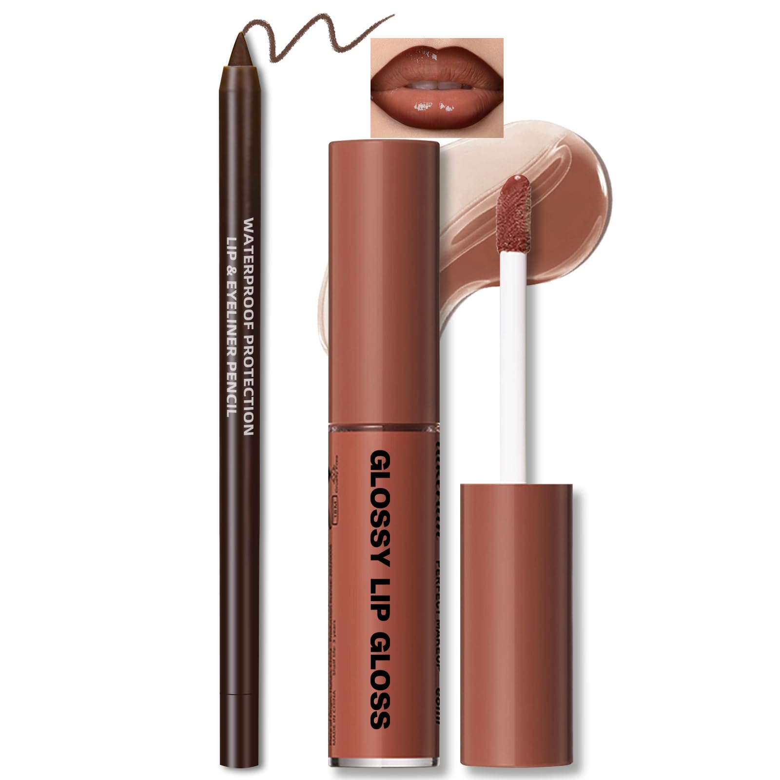 HOSAILY Nourishing Lip Gloss with Brown Lip Liner Lip Combo Set Moisturizing High Shine Nude Lip Glow Oil
