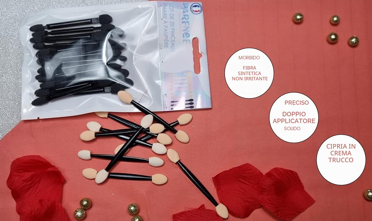 PARENCE - Set di 20 pennelli per ombretto, usa e getta, strumenti per il trucco, double face, spugna con punta, per applicazione di trucco, 20 pennelli, colore: nero/beige)