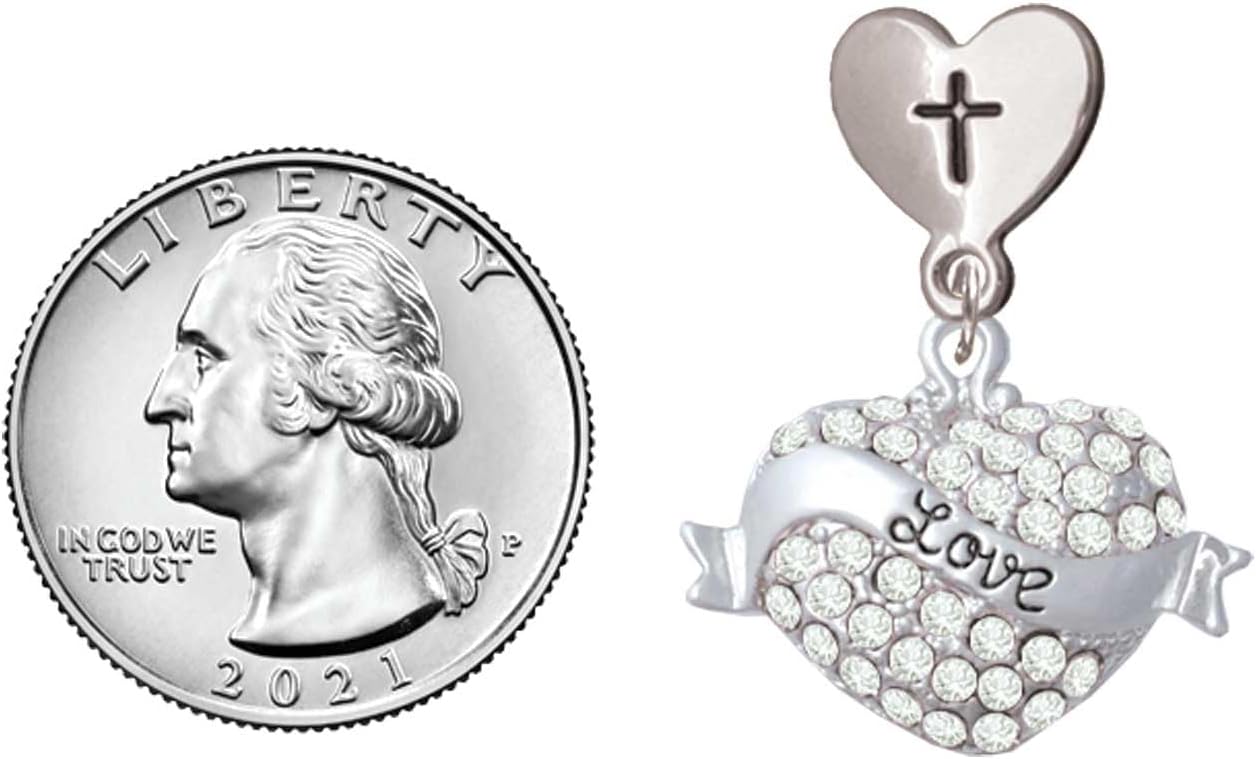 Delight Jewelry Silvertone Love Banner on Crystal Heart Cross in Heart Post Dangle Earrings