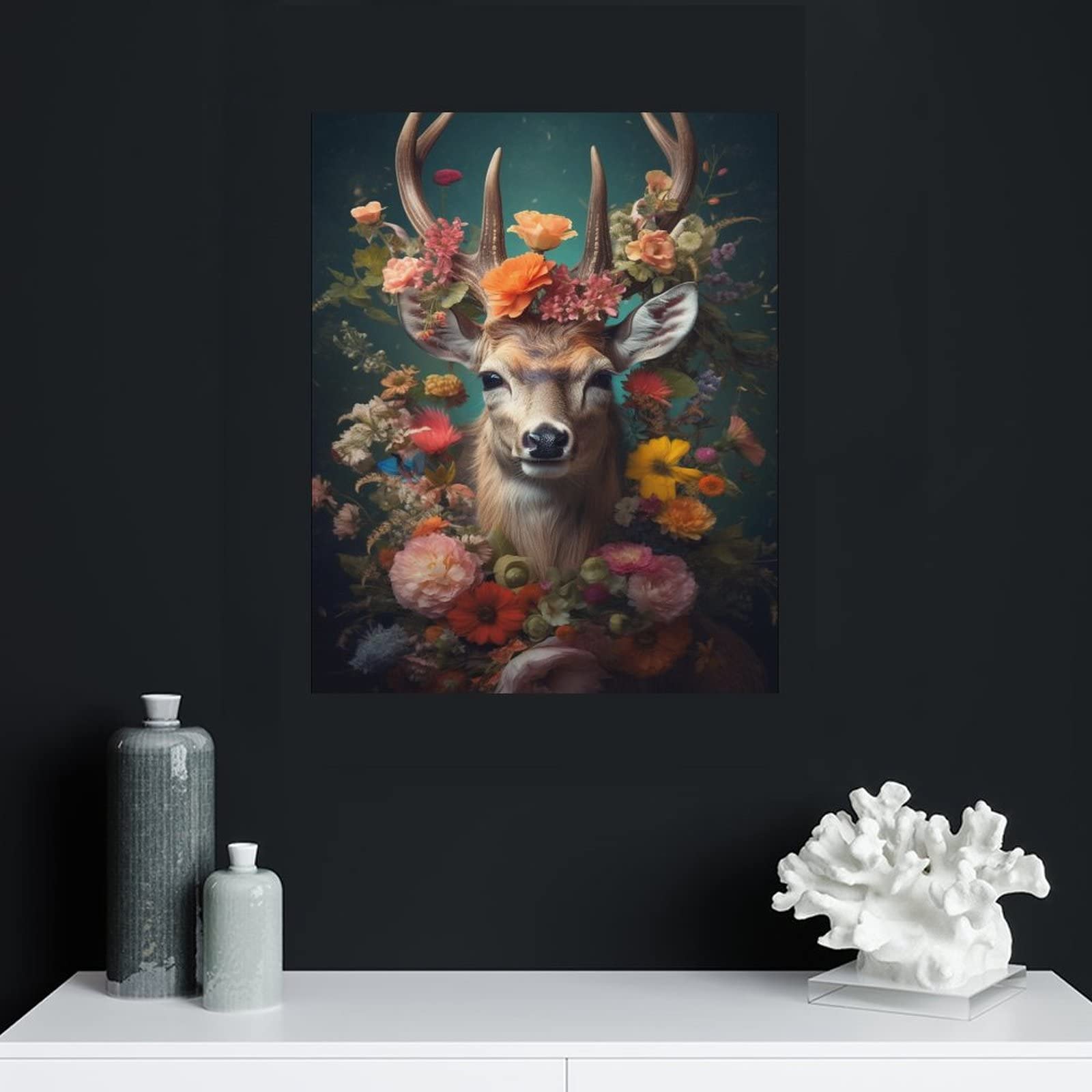 Amazon.co.jp: 絵画 花を持つ鹿インテリア 絵画 自然芸術のポート