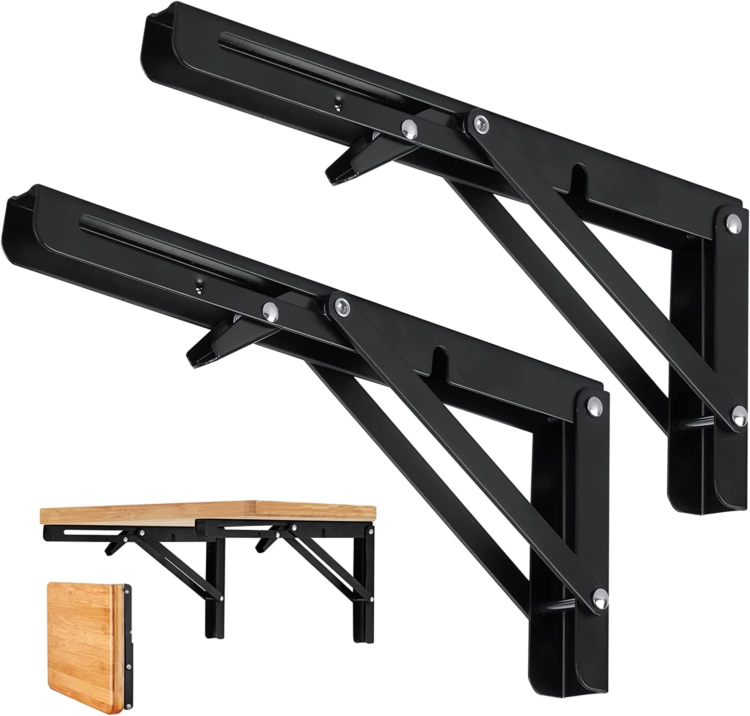folding shelf brackets, 1 pack heavy duty metal collapsible shelf bracket, wall mounted triangle floating shelf bracket, space saving diy shelf hinge for bench table (12 inch)