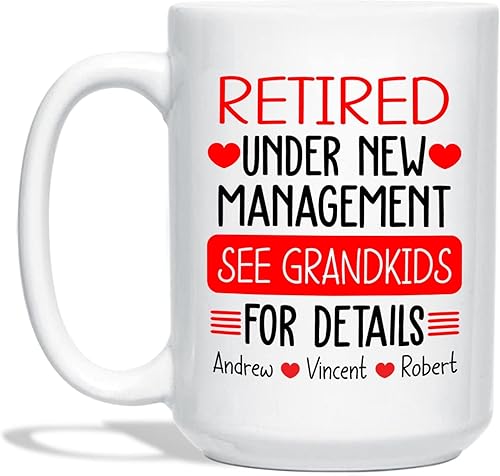 Tazas para abuelo, personalizadas para jubilados bajo nueva gestión, ver nietos para detalles, taza blanca de 11 oz 15 onzas, taza de jubilación