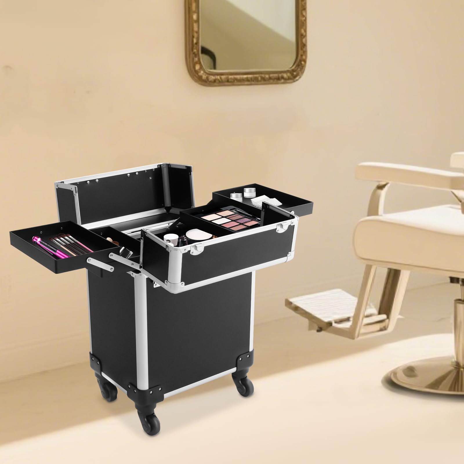 Aluminium Koffer Makeup Rollbar mit Trolley, professioneller Schminkkoffer | Aluminium, MDF, 3 mm, 6 kg, 4 Rollen, Trolley, Schlösser, Fächer, für Visagisten & Nageldesigner
