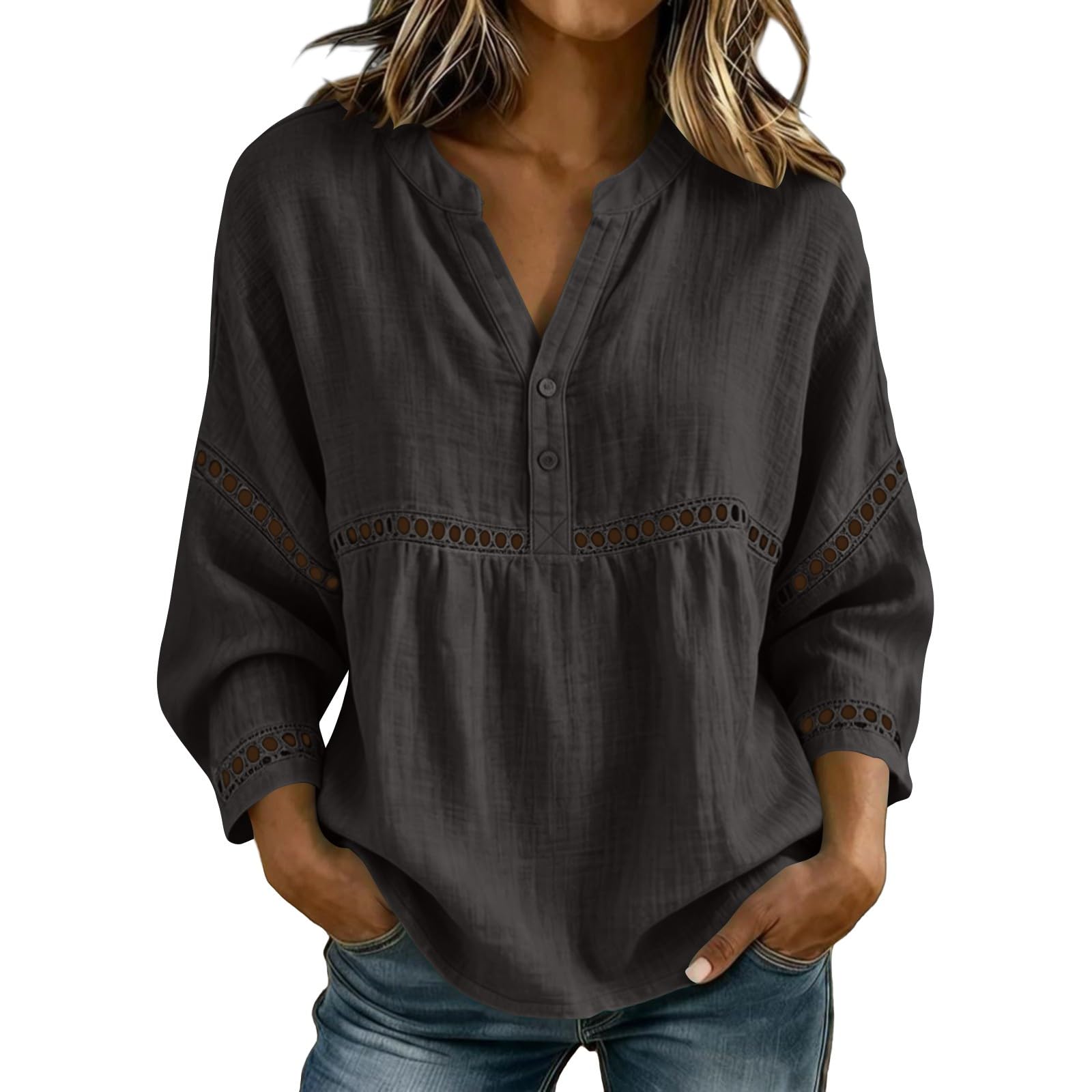 Notch Collar Hollow Lace Insert Cotton Linen 3/4 Sleeve Womens Blouse
