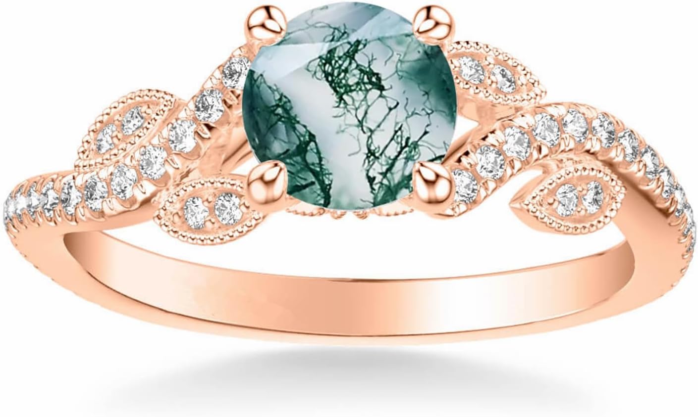 Blocaci Leaf Natural Moss Agate Rings for Women 1CT Green Moss Agate Engagement Ring with Moissanite 925 Sterling Silver 10K 14K 18K Gold Promise Rings for Her