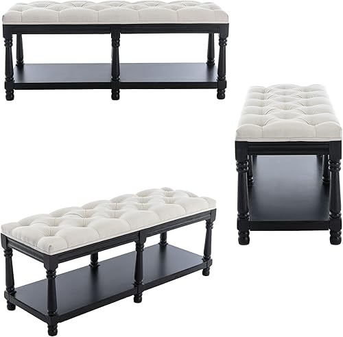 Miniatura 10 de Banco de almacenamiento capitoné de mediados de siglo con estante, banco tapizado de lino para zapatos, taburete otomano con asiento acolchado,