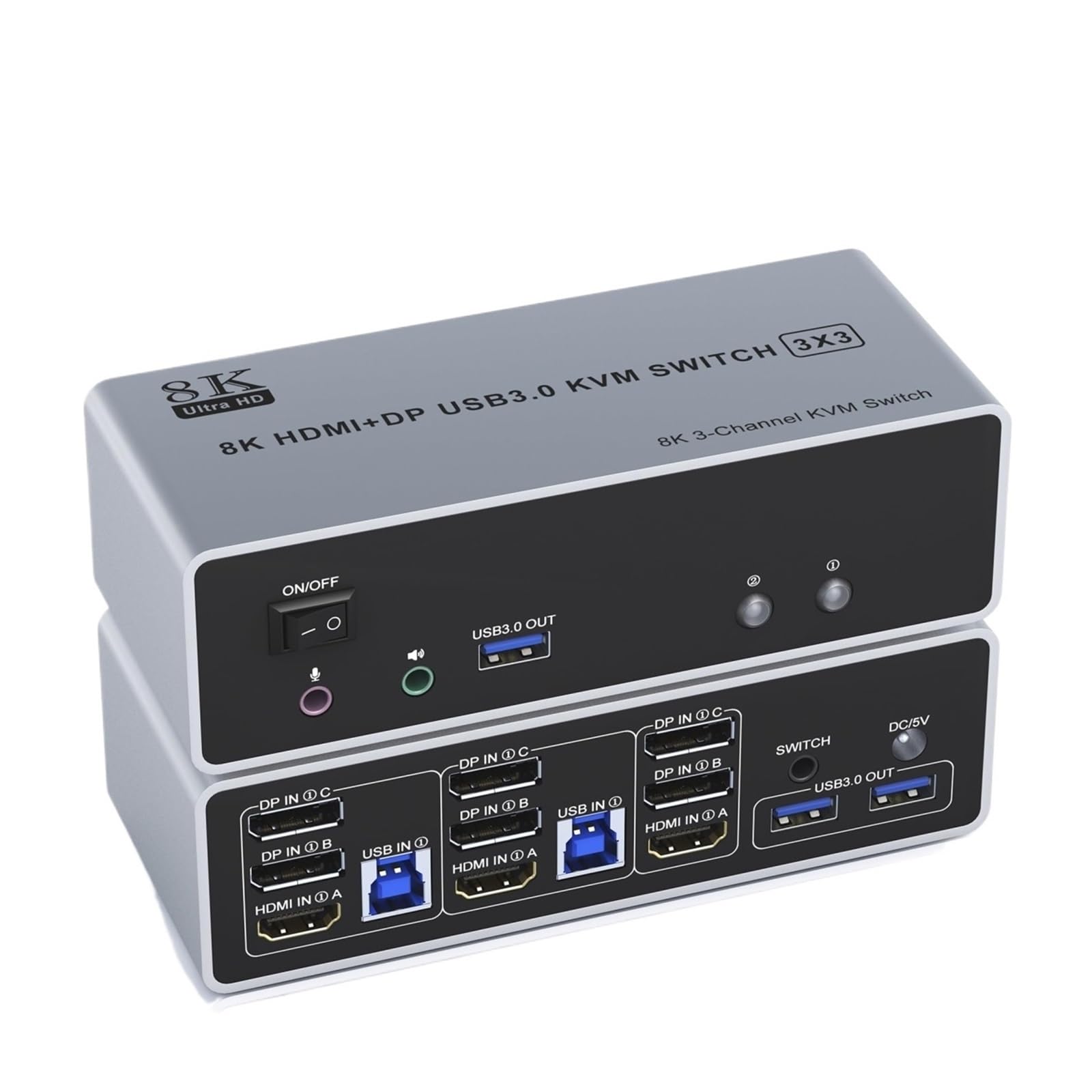 8K@60Hz 4K@144Hz HDMI and 2 Displayport Triple Monitor KVM Switch for 2 Computer Share 3 Monitor, USB3.0 Switch with Audio Mic(with AU Plug)-image-11