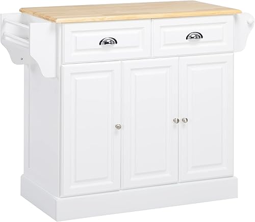 HOMCOM Isla de cocina con ruedas de triple gabinete, gabinete de almacenamiento de cocina con cajones y encimera, carrito utilitario rodante con