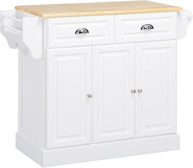 HOMCOM Kitchen Storage Trolley with Adjustable Shelf, Rolling Kitchen Island with Drawers and Cabinets, 110 x 45 x 89cm, White