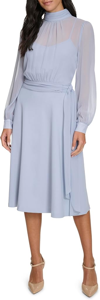 Calvin Klein Womens Long Sleeve Mock Neck Chiffon Overlay Belted Midi Dress