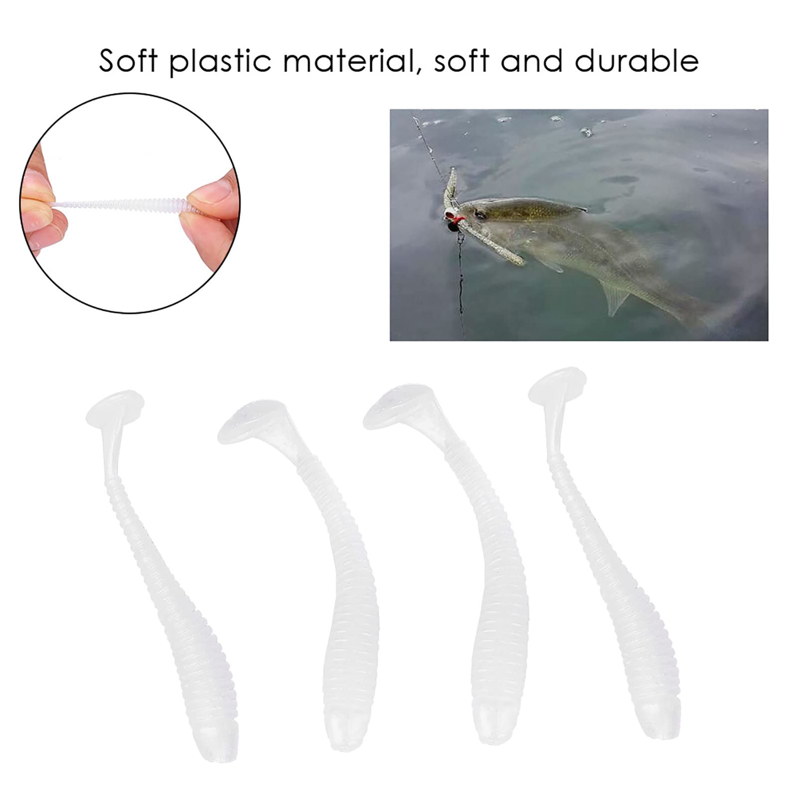 50 Pcs 5cm Señuelos de Pesca Suave Cebos de Pesca Artificiales Agua Dulce, Cebo de Pesca Plástico T Tail Grub Cebos de Gusano Accesorio de Aparejo de Pescado(Blanco Perla)