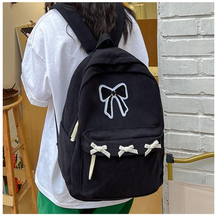 Women Preppy Y2k Aesthetic Corduroy Backpack Kawaii Laptop Backpack Cute Coquette Bow Harajuku College Daypack (Black Bow)2