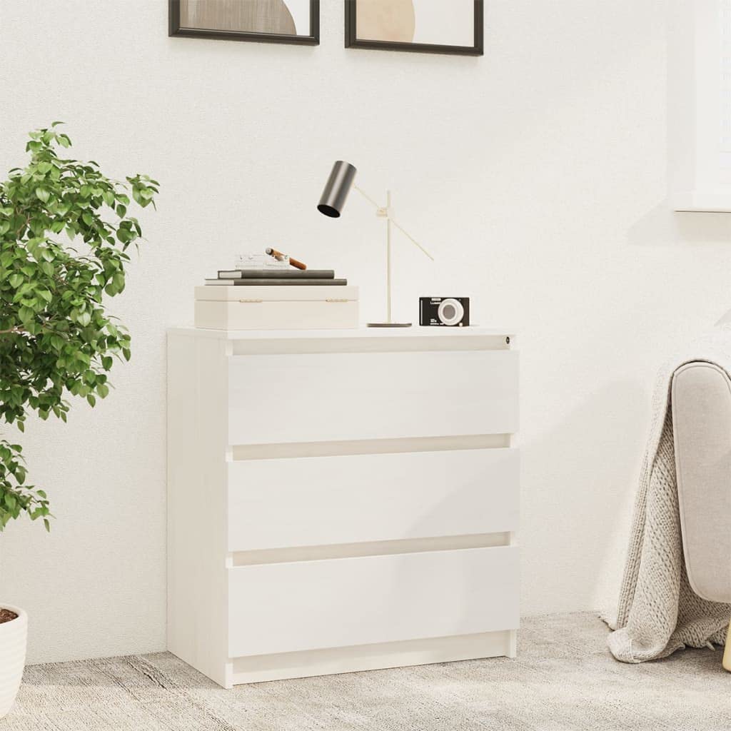 Table de chevet blanche en pin massif 60x36x64 cm avec 3 tiroirs de rangement