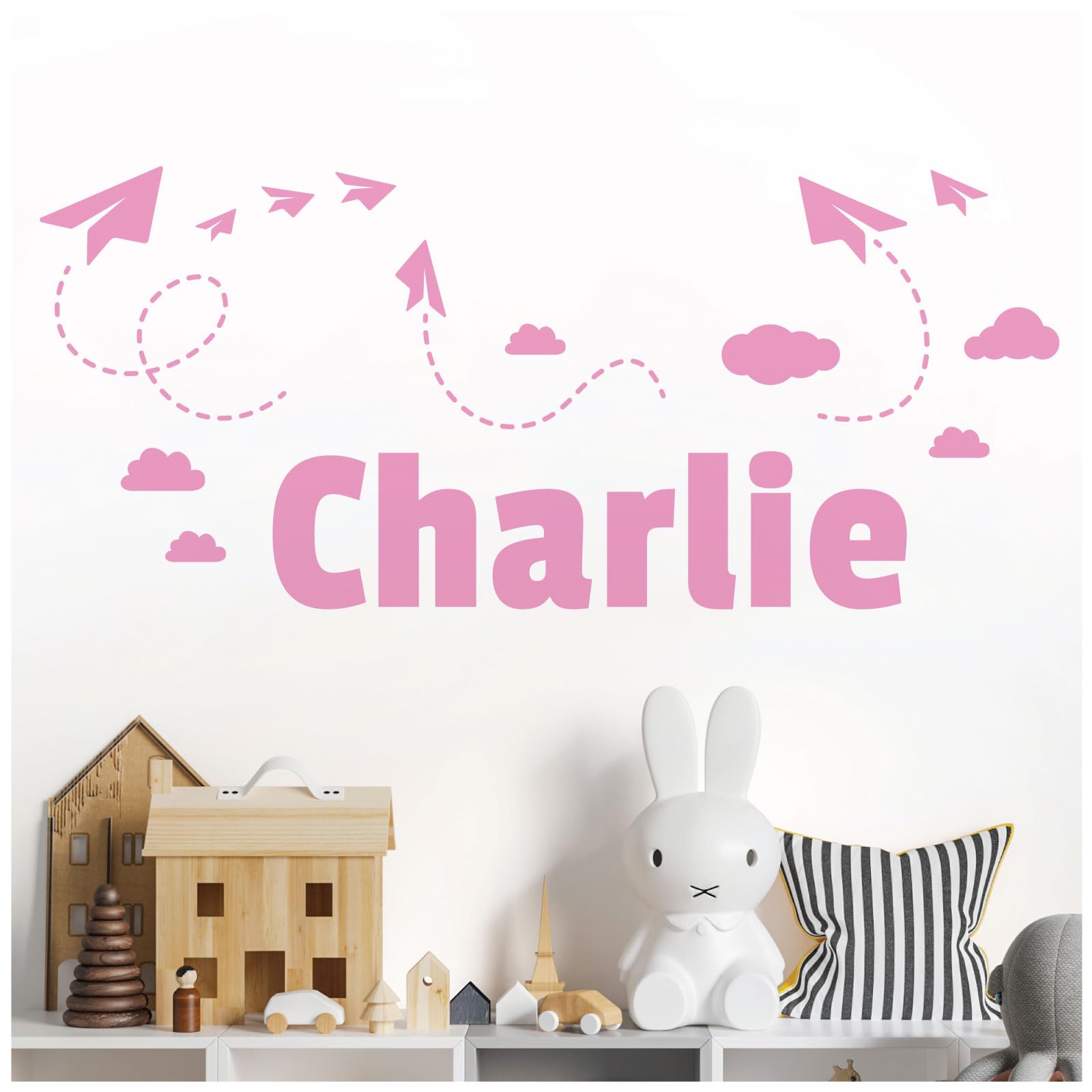 Personalised Name Children Wall Art Sticker - Sky, Paper Planes and Clouds [Medium] [Pink]