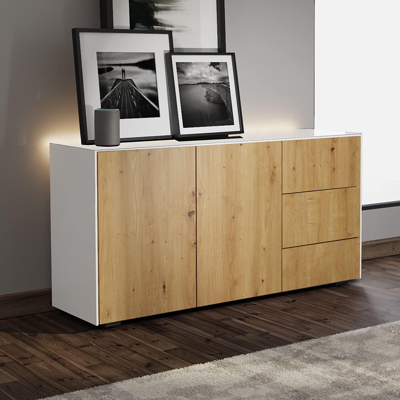 Frank OlsenINTEL SIDEBOARD Gloss White Oak Doors with LED Lighting and Alexa Compatibility