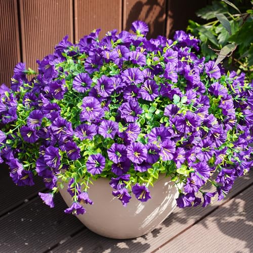 Image of Artificial Flowers for Outdoors, UV Resistant Fake Silk Morning Glory, Realistic Faux Plants for Outside Porch Patio Window Box Hanging Planter (12, Purple)