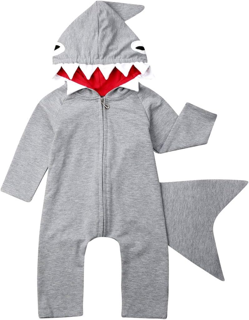 Newborn Infant Kids Boys Girls Cute Cartoon Shark Long Sleeve Zipper Hooded Romper Jumpsuit Top Outfits Clothes