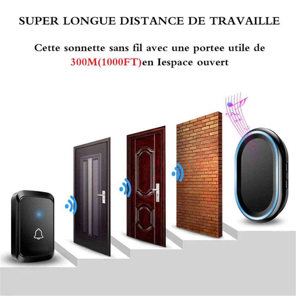 Timbre inalámbrico, 4 pulsadores y 1 Receptor, Timbre de Puerta inalámbrico Resistente al Agua con Enchufe de Pared, función de Memoria de Apagado, Flash LED, Alcance de,Negro