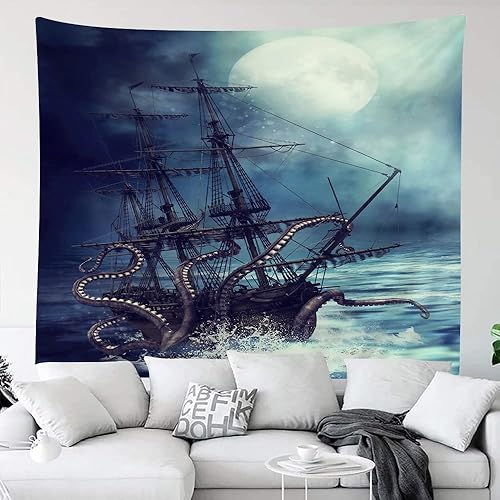Miniatura 4 de jingjiji Tapiz de pulpo, fantasía, paisaje oceánico, barco pirata náutico, onda, vela, luna, tapices para colgar en la pared, decoración de