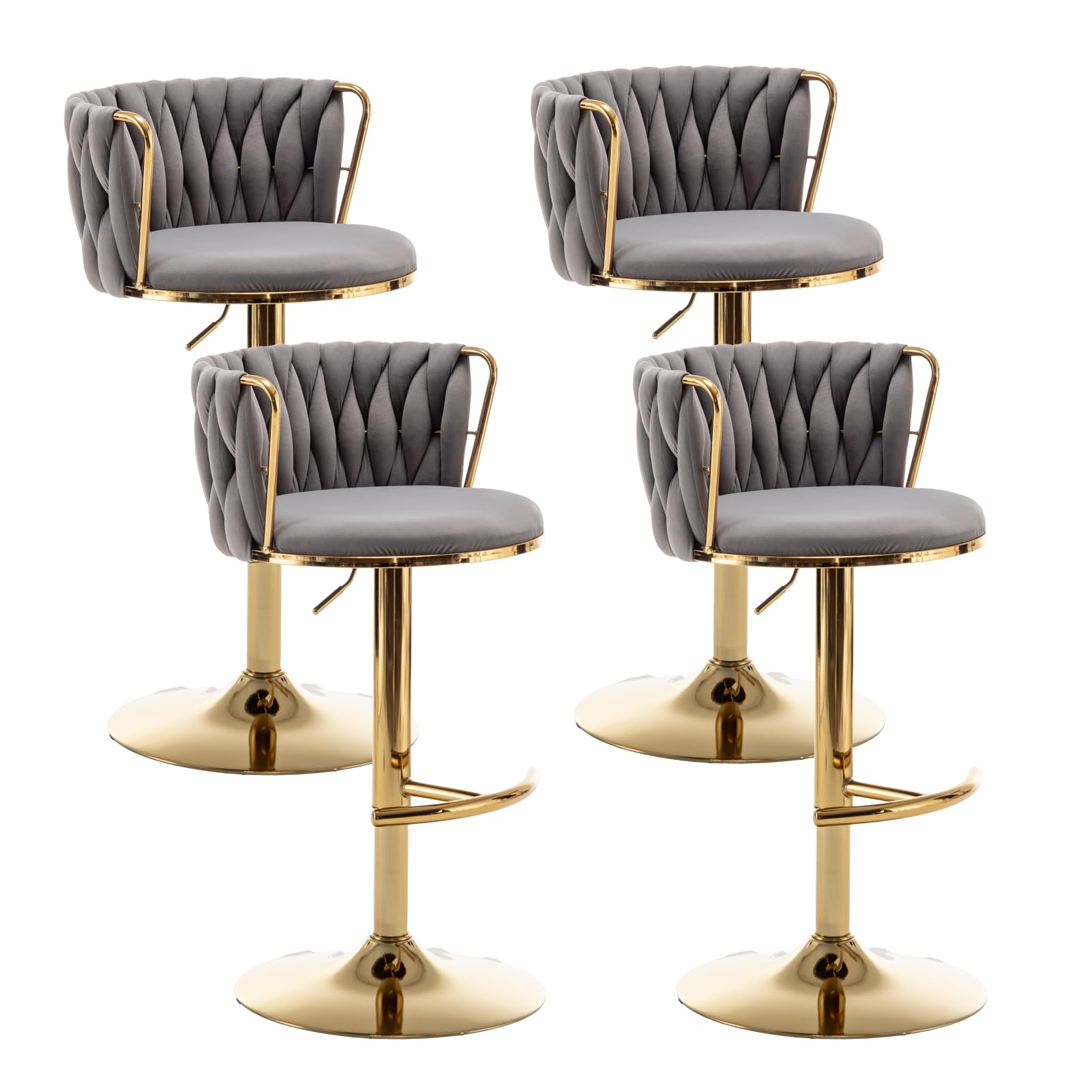 Gold Velvet Bar Stools Set of 4, Swivel Counter Height Bar Stools with Back, Adjustable Woven Barstools for Kitchen Island, Pub, Club (Grey)