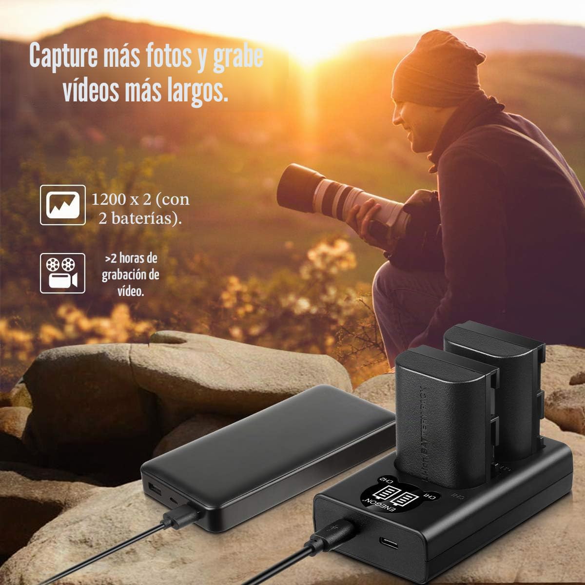 ENEGON LP-E6 Batería de Repuesto (Paquete de 2) y Smart LED Cargador Dual USB para Canon LP-E6, LP-E6N y Canon EOS 5D Mark II/III/IV, 5DS, 5DS R, 6D, 7D, 7D Mark II, 60D, 70D y más
