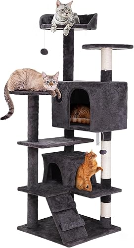 54-inch Cat Tree with Sisal-Covered Scratching Posts, Sturdy Standing Cat Tower for Indoor Kittens, Multi-Level Platforms, Perches, Condo and Hanging Ball for Cats to Play and Sleep - Grey