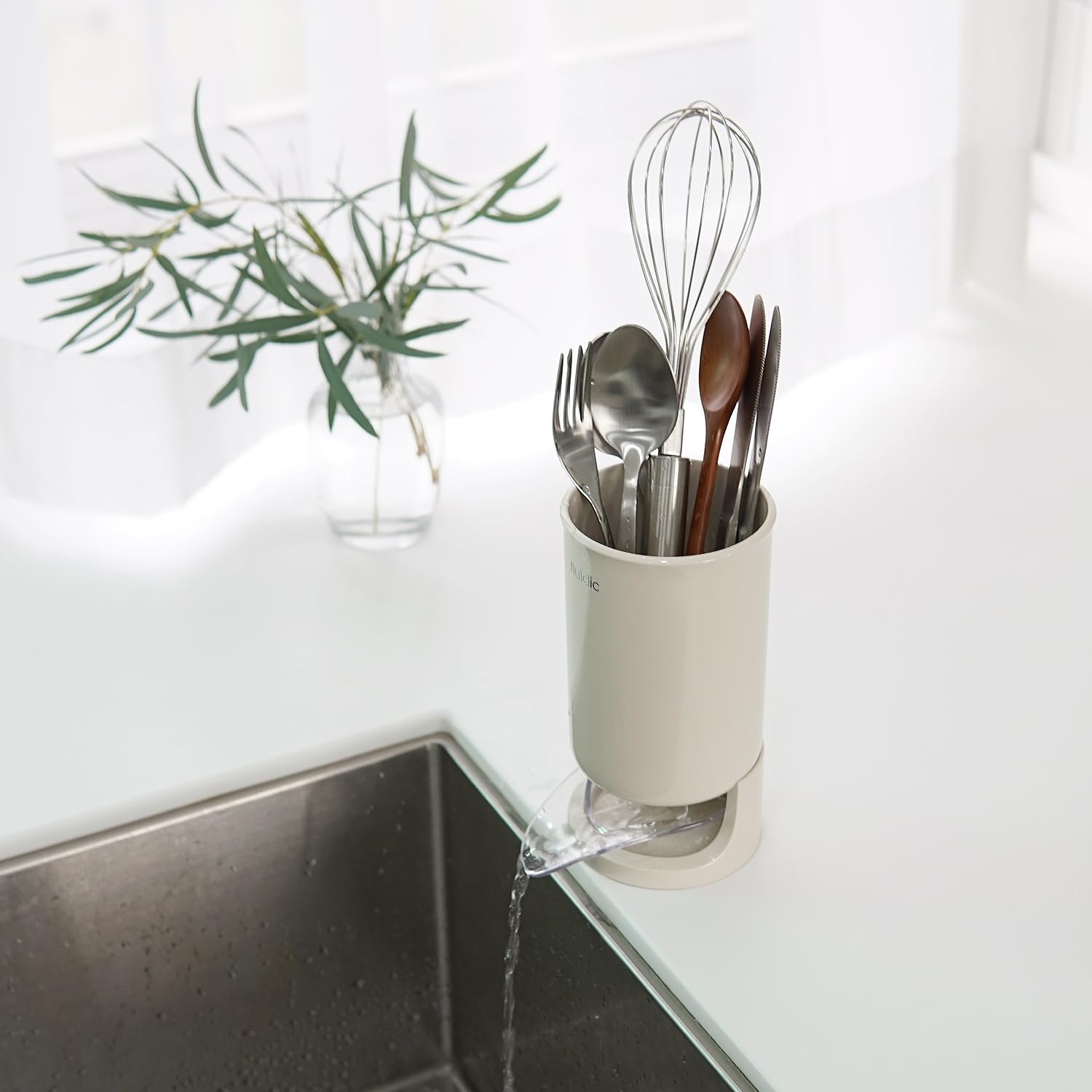 carrotez Soporte de secado de utensilios para encimera de cocina, autodrenante, cubiertos pequeños, soporte escurridor de cubiertos, beige, 1 unidad