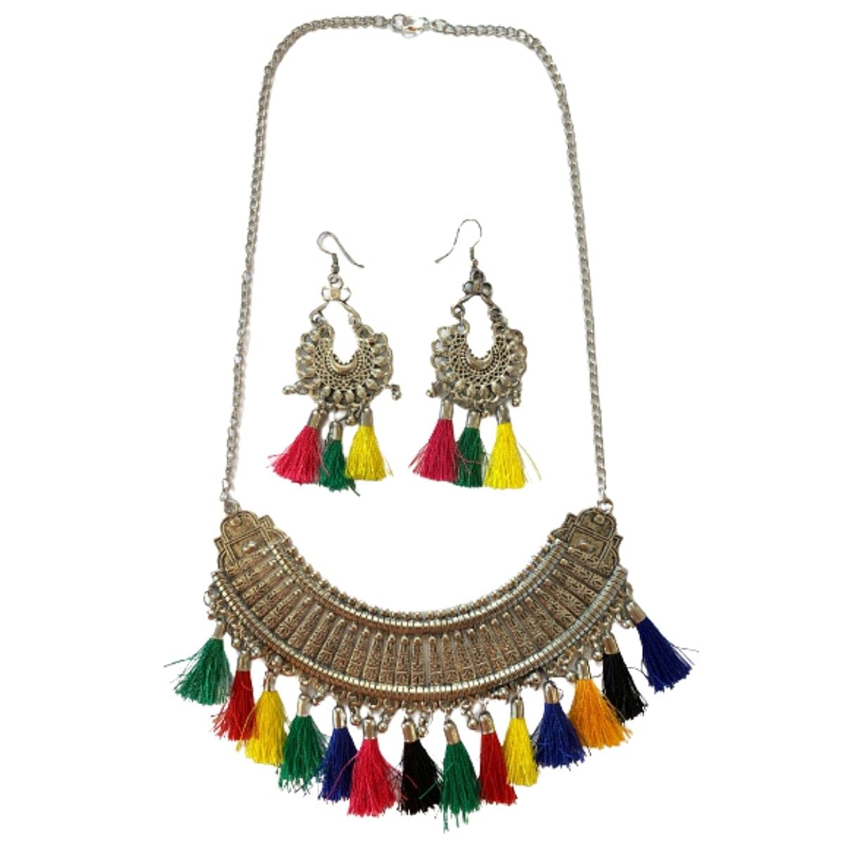 Tempus Gems Oxidised Metal Necklace and Earring with tassel Necklace for Women Earring for Women Alloy Brass Necklace Earrings Set Diwali Jewellery Karwachauth Jewellery (SilverNecklaceEarringTassel) (B09FHGD61N) Amazon Price History, Amazon Price Tracker