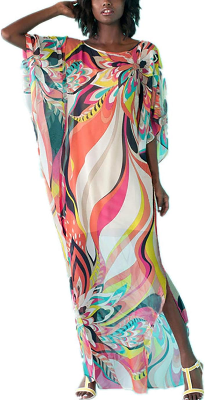 EddoyeeChiffon Loose Kaftan Dresses for Women Beach Caftan Swimsuit Cover Up