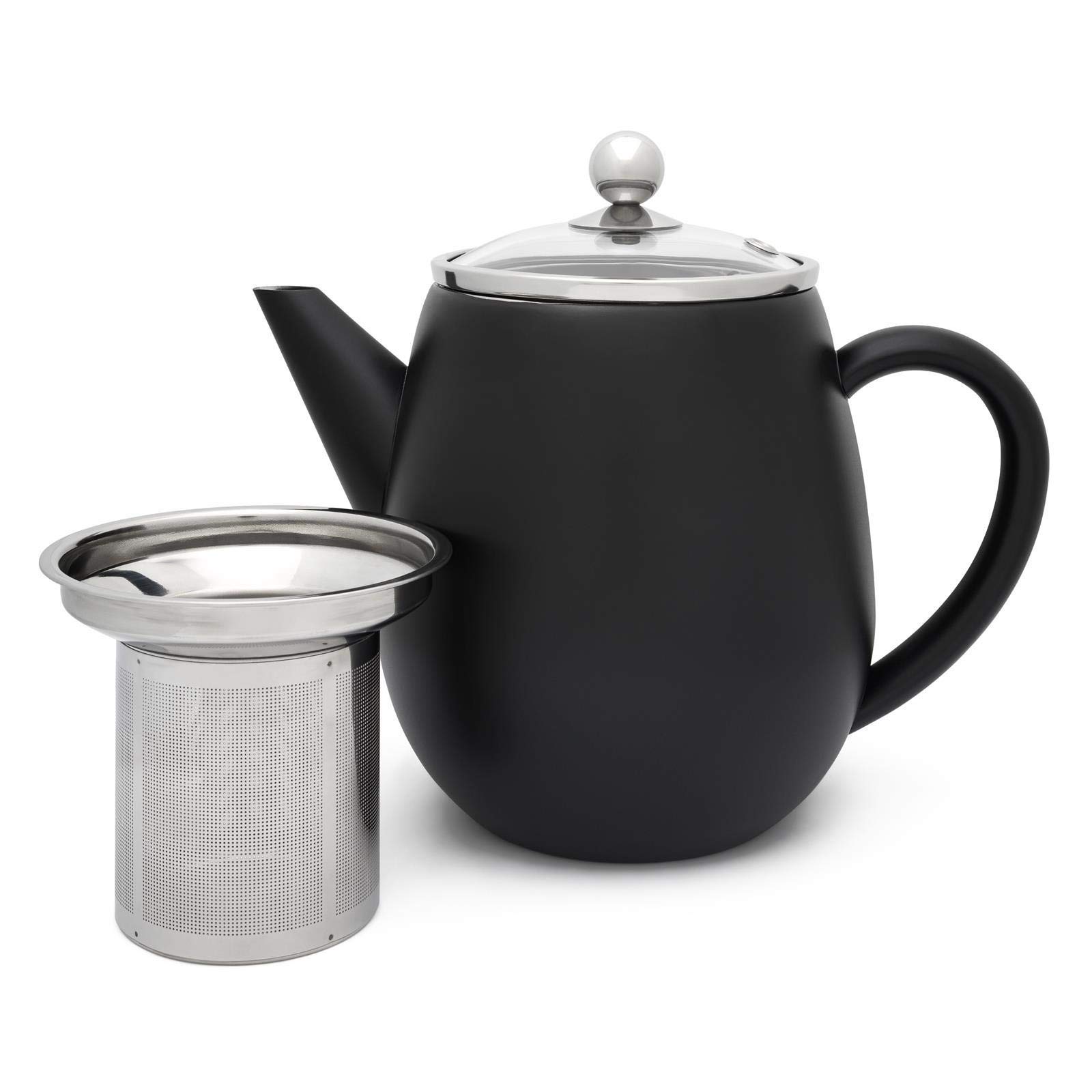 Bredemeijer kleine schwarze doppelwandige Edelstahl Teekanne 1.1 Liter & Teebereiter mit Tee-Filter Sieb-Einsatz & braunem Holz Untersetzer