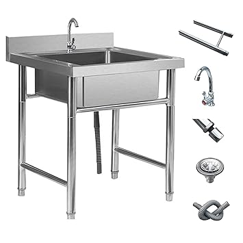 304 Stainless Steel Stand Alone Sink, Wash Basin Thick 1.0 mm Stainless Steel Bar Sink Single Bowl Faucet Included Perfect for Stores Restaurant