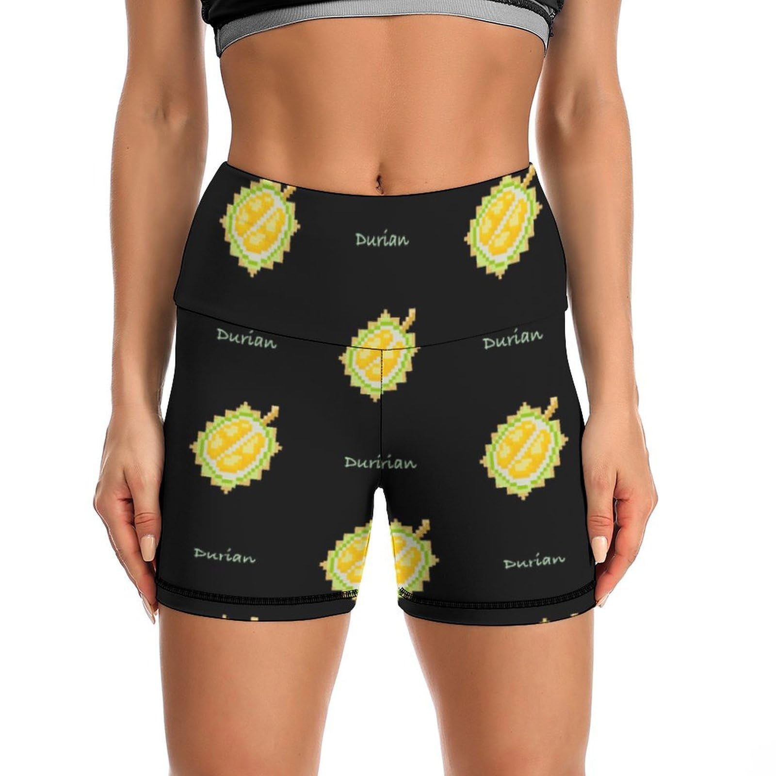 JYYAU Cartoon Durian Pattern High Waist Yoga Shorts for Women Athletic Shorts Leggings Running Pants Black