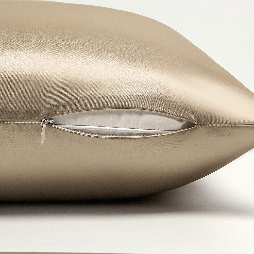 Housse de Couette Satin 220x240 Taupe avec 2 Taies d'oreiller 65x65 cm | Parure de Lit Adulte 2 Personnes, Satin de Soie Brillante, Linge de Lit, Fermeture Éclair