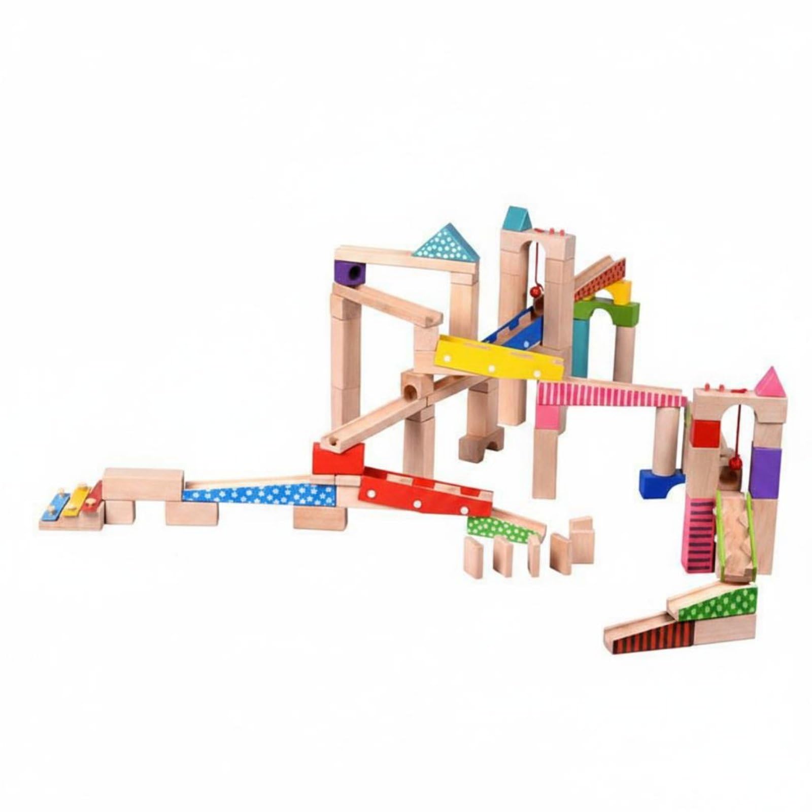 Kinder Bausteine Holz Murmelbahn Set Baukasten Kugelbahn Murmelrennbahn aus Buchenholz mit Wasserbasiertem Anstrich Stärkt Räumliche Wahrnehmung Teamspiel für Vorschulkinder Zuhause