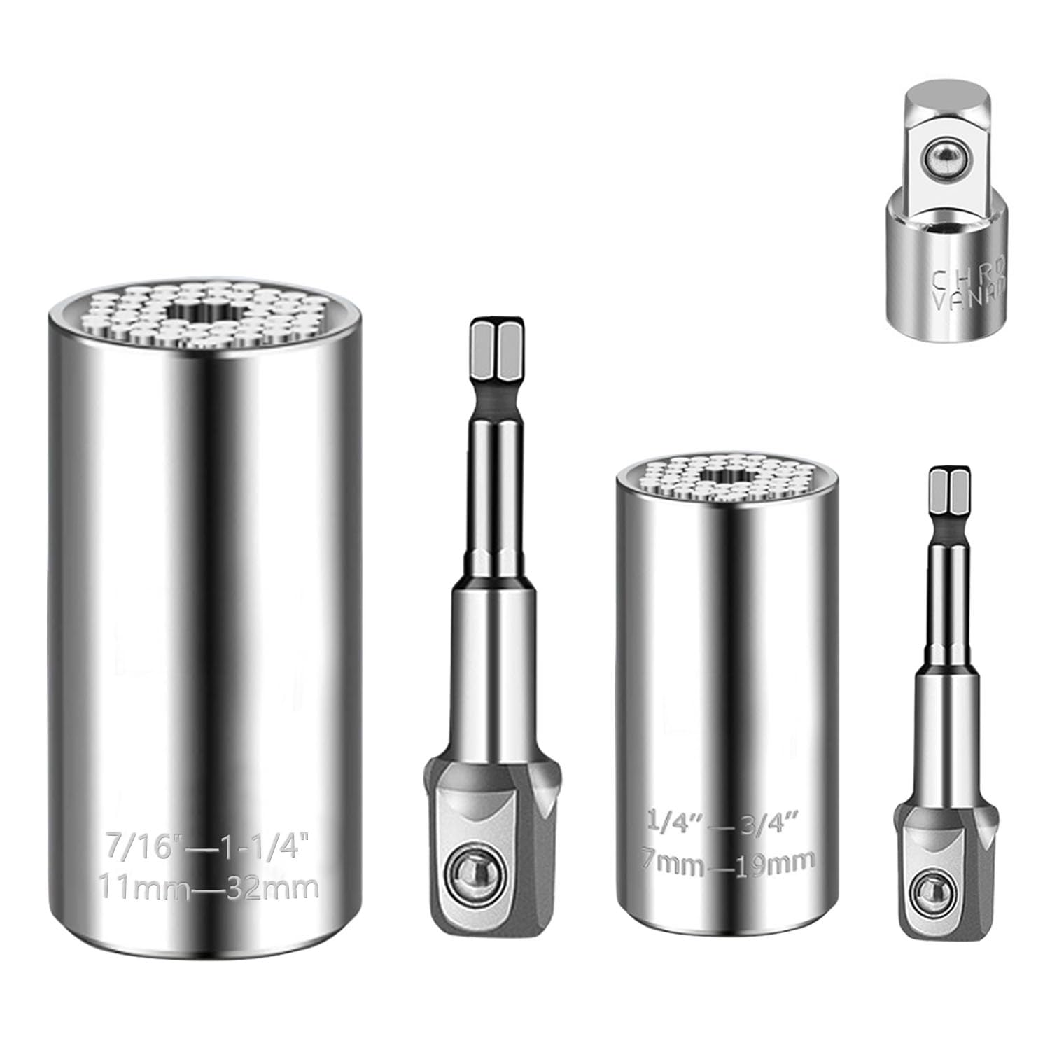 Universal Socket Set (7-19mm 11-32mm) Super Socket For Unscrew Any Bolt Tools with 3/8" to 1/2" Adaptor Power Drill Adapter Socket Multi-function Set Gifts for Dad, Husband and Men 5PCS