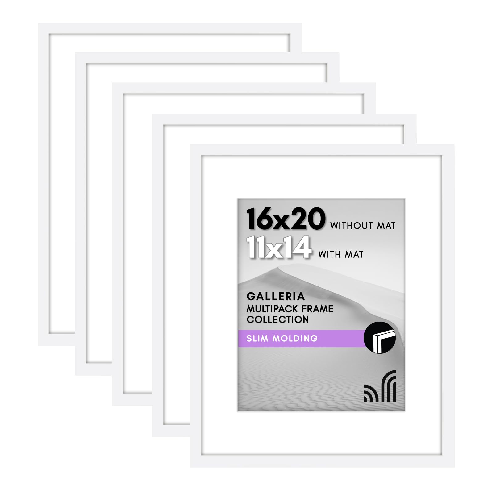 Americanflat 16x20 Picture Frame with Polished Plexiglass - Set of 5 - Use as 11x14 Frame with Mat or Display 16x20 Photo Without Mat - Galleria